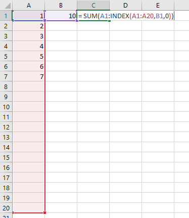 Spreadsheet using an Index function for summing over a dynamic range
