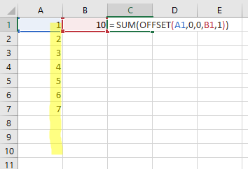 Spreadsheet using an offset function